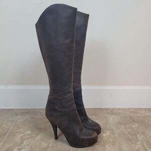 Billy Reid Boots 9B Brown Leather Knee High Tall Platform Stiletto Distressed